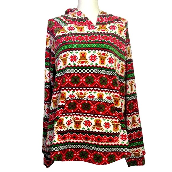Ugly Christmas Sweater Hoodie Fair Isle Print Velvety Velour Front Pocket OS - Picture 14 of 14